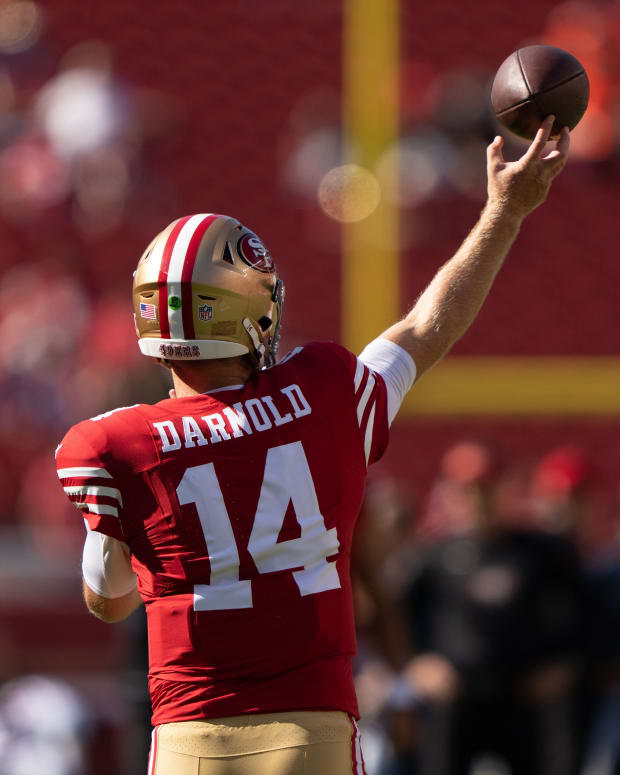 Aug 19, 2023; Santa Clara, California, USA; San Francisco 49ers quarterback Sam Darnold (14) warms up before the start of the first quarter against the Denver Broncos at Levi's Stadium.